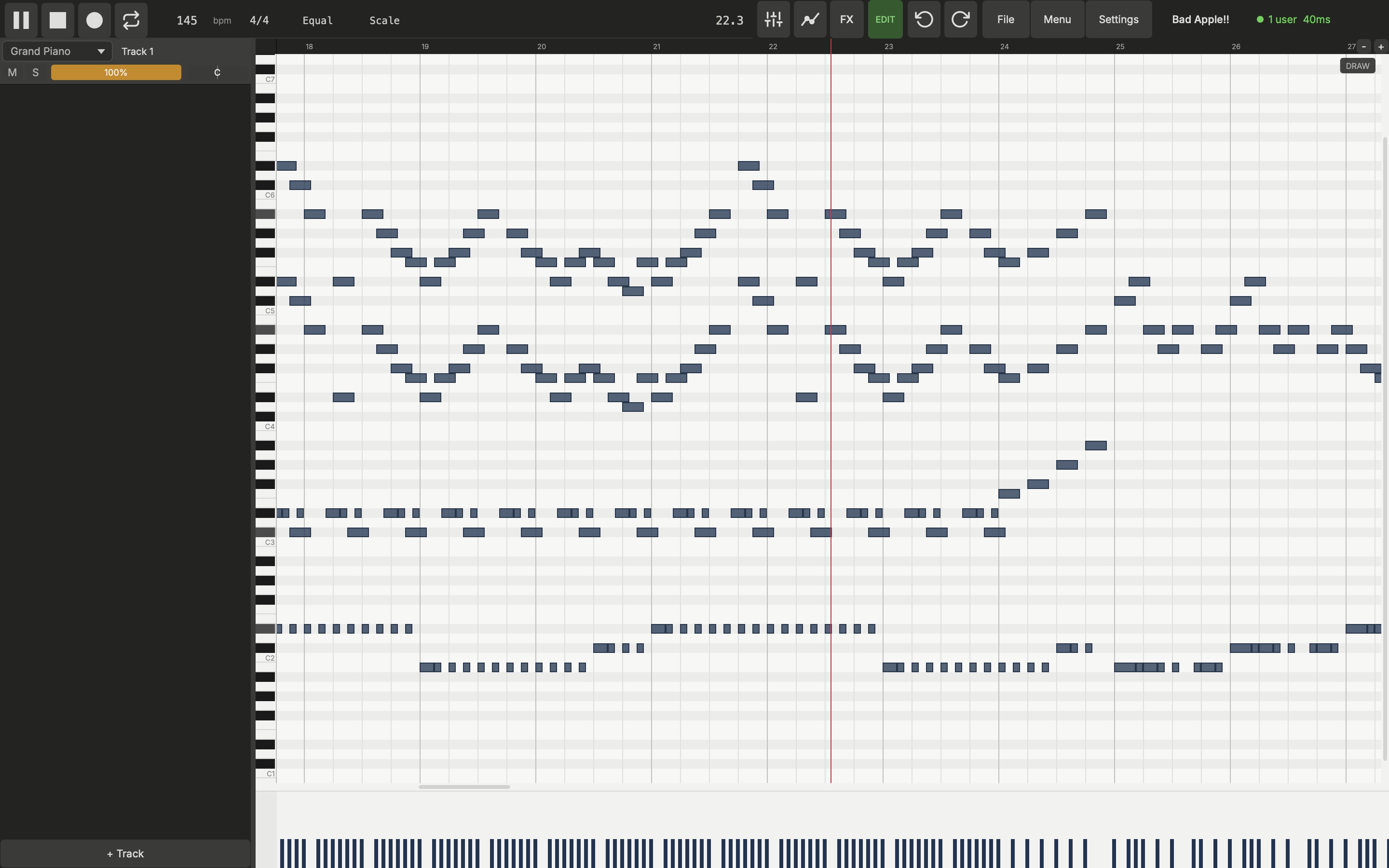 Ampico interface showing the piano roll editor
